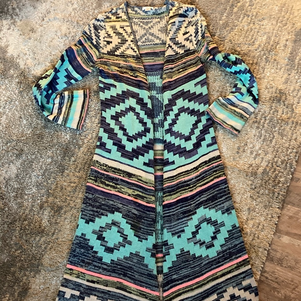 Boho Aztec Design Knitted Long Sleeve Duster XS